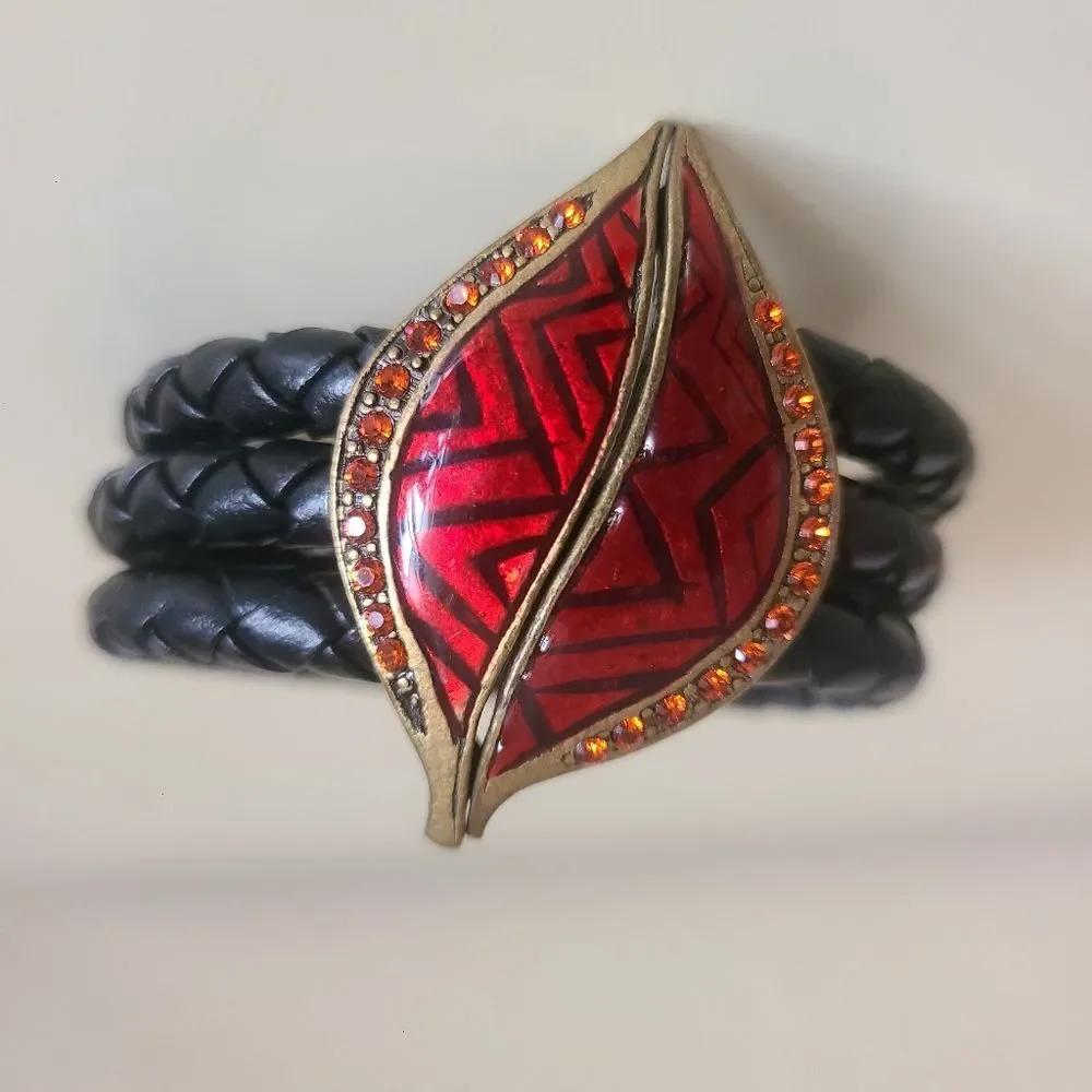 bohemian-style cuff braided bracelet with enamel centerpiece